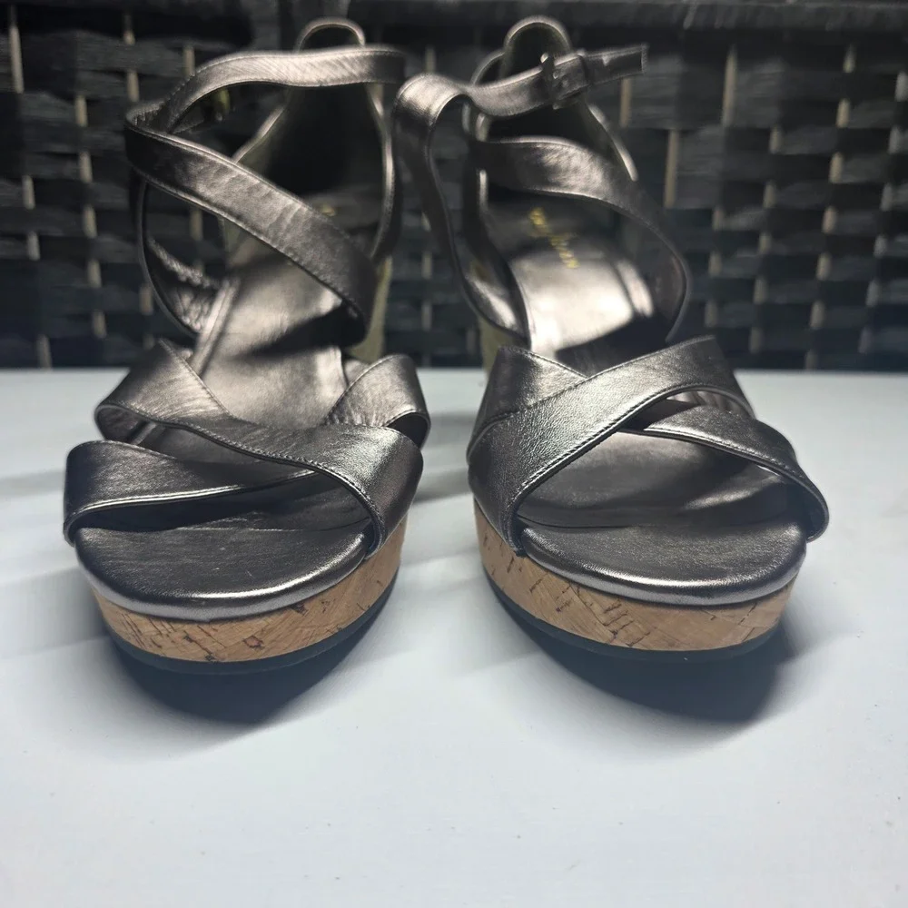 Cole Haan Nike Air Metallic Pewter Espadrille Wedge Sandals Shoes‎ Womens 10B